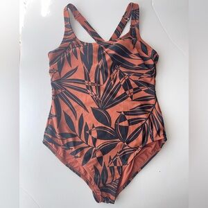 Rust & Black Tropical Print One Piece Swimsuit XL